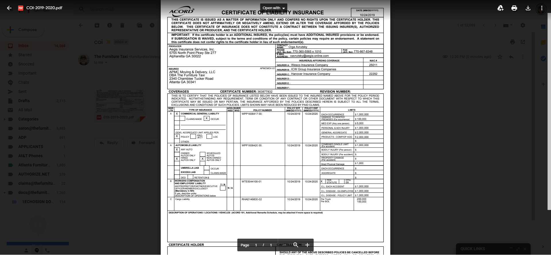 Certificate of Insurance Atlanta Furniture Taxi Moving Company Certificate of Insurance Atlanta Furniture Taxi Moving Company