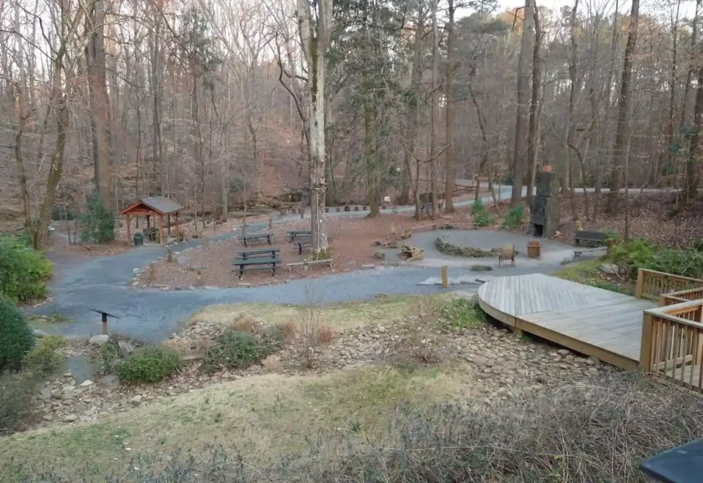 Wide forest trail lined with logs and benches under a dense canopy of green trees.
