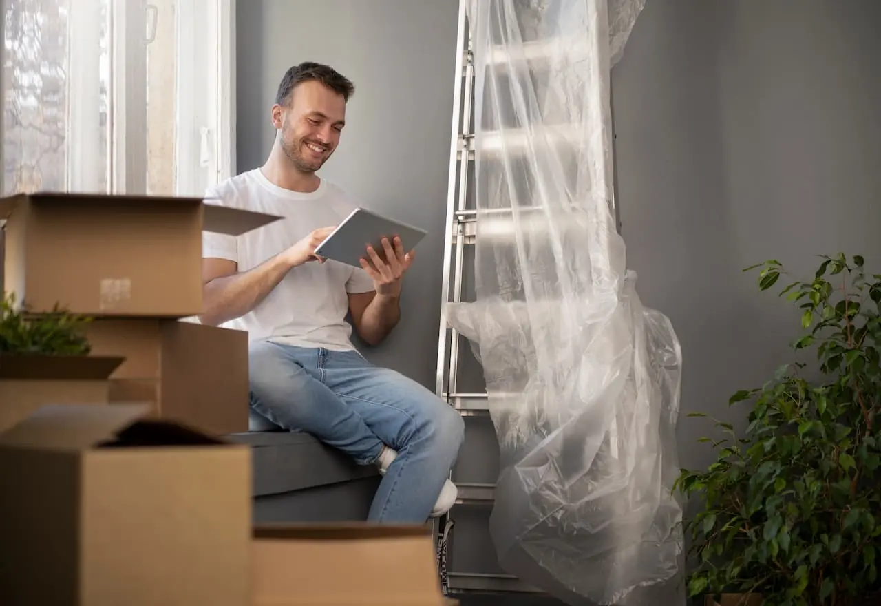 A man sits among moving boxes, smiling while using a tablet in a new home
